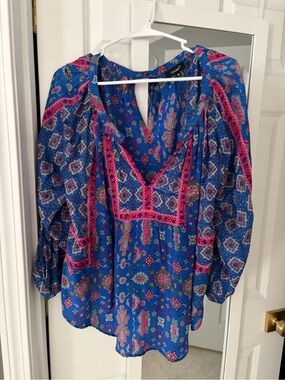 Tolani Blue Tunic with Bright Pink Trim